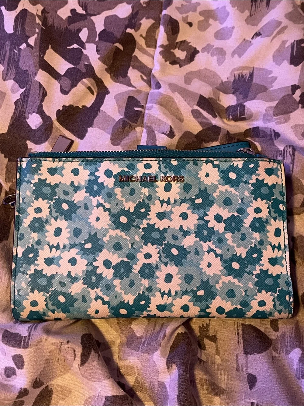 Michael Kors Teal and White Floral Zip Clutch Wallet